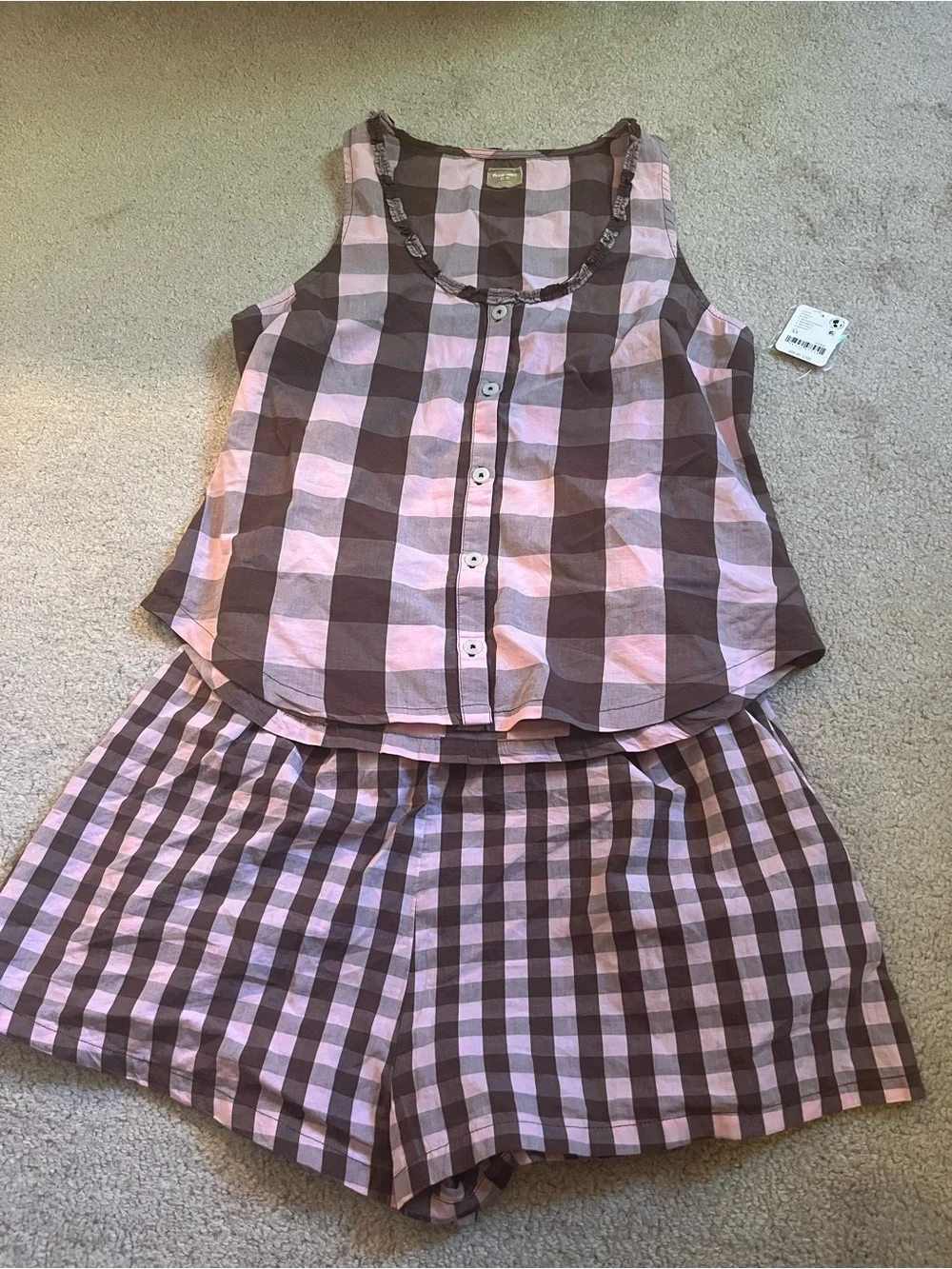Free People Sleeveless Pink & Brown Gingham Button Tank